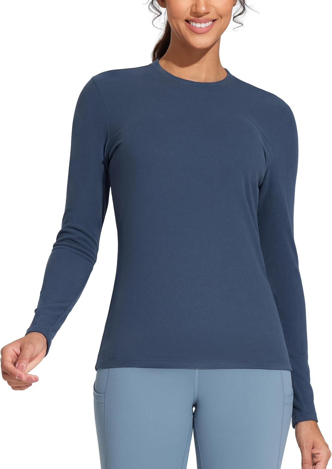 imageTHE GYM PEOPLE Womens Crew Neck Thermal Fleece Shirts Slim Fit Long Sleeves Underwear Basic Pullover TopsGrey Blue