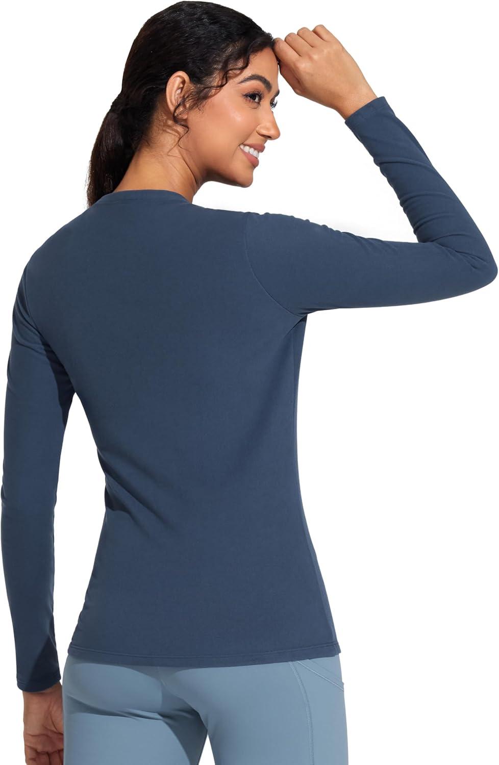 imageTHE GYM PEOPLE Womens Crew Neck Thermal Fleece Shirts Slim Fit Long Sleeves Underwear Basic Pullover TopsGrey Blue