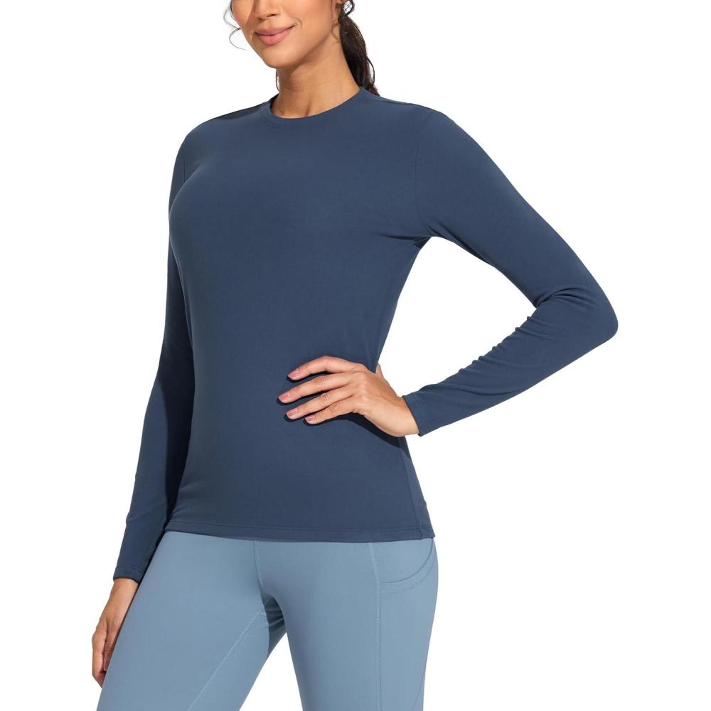 imageTHE GYM PEOPLE Womens Crew Neck Thermal Fleece Shirts Slim Fit Long Sleeves Underwear Basic Pullover TopsGrey Blue