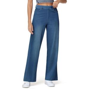imageTHE GYM PEOPLE Womens Wide Leg Pull on Jeans Stretchy Baggy Trendy Casual Straight Denim Pants with PocketsDenim Blue