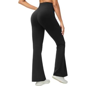 imageTHE GYM PEOPLE Womens Scrunch Butt Lifting Flare Yoga Pants High Waist Bell Bottom Workout Leggings with PocketsBlack