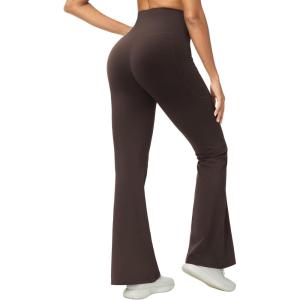 imageTHE GYM PEOPLE Womens Scrunch Butt Lifting Flare Yoga Pants High Waist Bell Bottom Workout Leggings with PocketsBrown