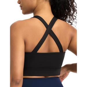 imageTHE GYM PEOPLE Womens Cross Back Ruched Sports Bra V Neck Wide Straps Removable Pads Workout Yoga Crop TopBlack