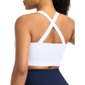 imageTHE GYM PEOPLE Womens Cross Back Ruched Sports Bra V Neck Wide Straps Removable Pads Workout Yoga Crop TopWhite