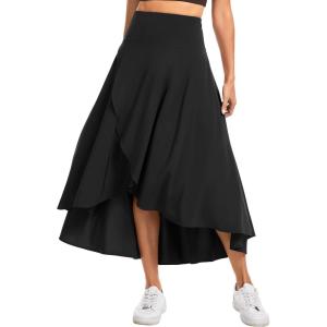 imageTHE GYM PEOPLE Womens High Waist Flowy Maxi Skirts Ruffle High Low Hem Asymmetric Wrap Long Skirt Builtin ShortsBlack