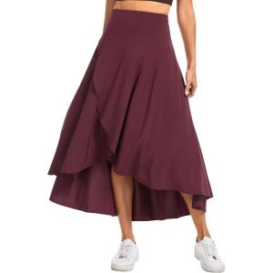 imageTHE GYM PEOPLE Womens High Waist Flowy Maxi Skirts Ruffle High Low Hem Asymmetric Wrap Long Skirt Builtin ShortsDark Red