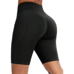 imageTHE GYM PEOPLE Womens High Waist Scrunch Butt Lifting Yoga Shorts No Front Seam Stretchy Workout Shorts 8 with PocketsBlack
