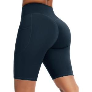 imageTHE GYM PEOPLE Womens High Waist Scrunch Butt Lifting Yoga Shorts No Front Seam Stretchy Workout Shorts 8 with PocketsBlue