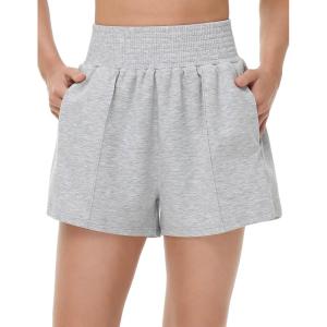 imageTHE GYM PEOPLE Womens High Waist Sweat Shorts Ultra Soft Stretchy Lounge Running Athletic Shorts with Zipper PocketsLight Heather Grey