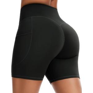 imageTHE GYM PEOPLE Womens High Waisted Ruched Yoga Shorts Scrunched Butt Lifting Contour Workout Shorts 5 with PocketsBlack