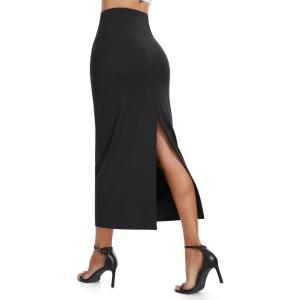 imageTHE GYM PEOPLE Womens Long Pencil Skirt High Waist Stretchy Business Work Bodycon Maxi Skirts with Back SlitBlack