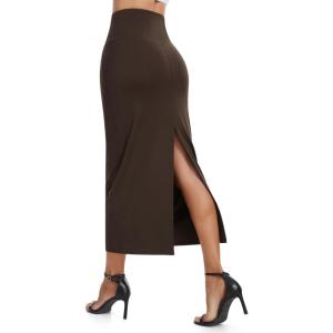imageTHE GYM PEOPLE Womens Long Pencil Skirt High Waist Stretchy Business Work Bodycon Maxi Skirts with Back SlitBrown