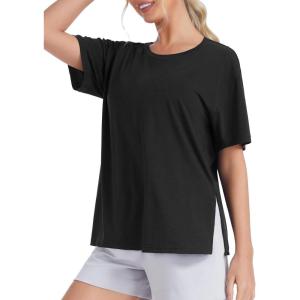 imageTHE GYM PEOPLE Womens Loose Fit Short Sleeve Workout TShirts with Side Slit Crewneck Summer Lightweight Casual Top TeesBlack