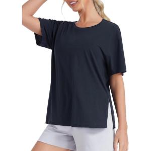 imageTHE GYM PEOPLE Womens Loose Fit Short Sleeve Workout TShirts with Side Slit Crewneck Summer Lightweight Casual Top TeesNavy Blue