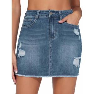 imageTHE GYM PEOPLE Womens Ripped Denim Mini Skirts Stretchy Frayed Raw Hem Casual Trendy Jean Skirt with PocketsGrey Blue