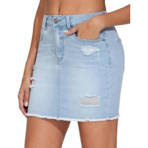 imageTHE GYM PEOPLE Womens Ripped Denim Mini Skirts Stretchy Frayed Raw Hem Casual Trendy Jean Skirt with PocketsLight Blue