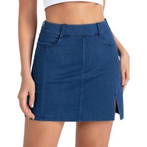 imageTHE GYM PEOPLE Womens Stretchy Jean Skorts Slim Fit Side Split Casual Denim Skirts with PocketsDark Blue