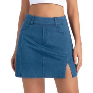 imageTHE GYM PEOPLE Womens Stretchy Jean Skorts Slim Fit Side Split Casual Denim Skirts with PocketsDenim Blue