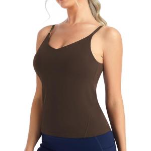 imageTHE GYM PEOPLE Womens V Neck Camisole with Built in Bra Longline Adjustable Spaghetti Strap Yoga Workout Tank TopsBrown