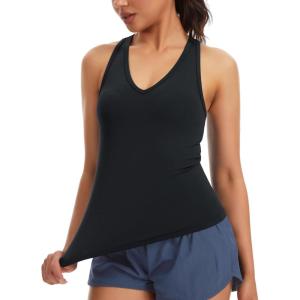 imageTHE GYM PEOPLE Womens V Neck Workout Tank Tops Racerback Slim Fit Sleeveless Yoga Running Athletic ShirtsBlack