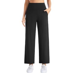 imageTHE GYM PEOPLE Womens Wide Leg Yoga Pants 27 Loose High Waist Workout Lounge Cropped Pants with PocketsBlack