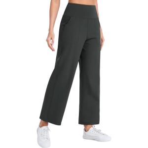 imageTHE GYM PEOPLE Womens Wide Leg Yoga Pants 27 Loose High Waist Workout Lounge Cropped Pants with PocketsCharcoal Grey