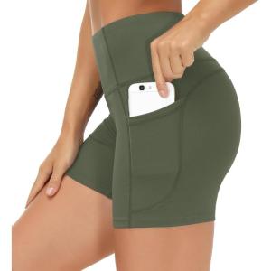 imageTHE GYM PEOPLE High Waist Yoga Shorts for Womens Tummy Control Fitness Athletic Workout Running Shorts with Deep PocketsBean Green