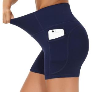 imageTHE GYM PEOPLE High Waist Yoga Shorts for Womens Tummy Control Fitness Athletic Workout Running Shorts with Deep PocketsBlue