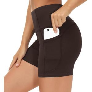 imageTHE GYM PEOPLE High Waist Yoga Shorts for Womens Tummy Control Fitness Athletic Workout Running Shorts with Deep PocketsBrown