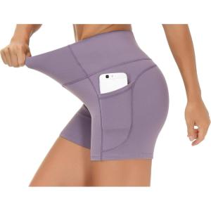 imageTHE GYM PEOPLE High Waist Yoga Shorts for Womens Tummy Control Fitness Athletic Workout Running Shorts with Deep PocketsCrystal Purple