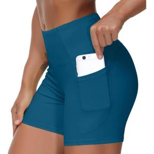 imageTHE GYM PEOPLE High Waist Yoga Shorts for Womens Tummy Control Fitness Athletic Workout Running Shorts with Deep PocketsDark Blue Green