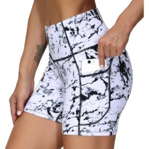 imageTHE GYM PEOPLE High Waist Yoga Shorts for Womens Tummy Control Fitness Athletic Workout Running Shorts with Deep PocketsMarble White