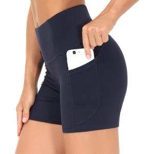 imageTHE GYM PEOPLE High Waist Yoga Shorts for Womens Tummy Control Fitness Athletic Workout Running Shorts with Deep PocketsNavy Blue