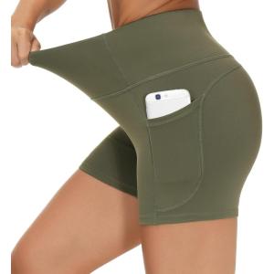 imageTHE GYM PEOPLE High Waist Yoga Shorts for Womens Tummy Control Fitness Athletic Workout Running Shorts with Deep PocketsOlive Green