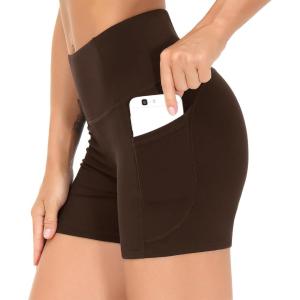 imageTHE GYM PEOPLE High Waist Yoga Shorts for Womens Tummy Control Fitness Athletic Workout Running Shorts with Deep PocketsRed Brown