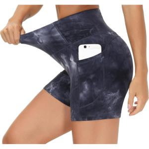 imageTHE GYM PEOPLE High Waist Yoga Shorts for Womens Tummy Control Fitness Athletic Workout Running Shorts with Deep PocketsTie Dye Black Grey
