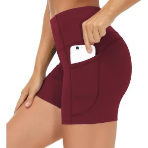 imageTHE GYM PEOPLE High Waist Yoga Shorts for Womens Tummy Control Fitness Athletic Workout Running Shorts with Deep PocketsWine Red